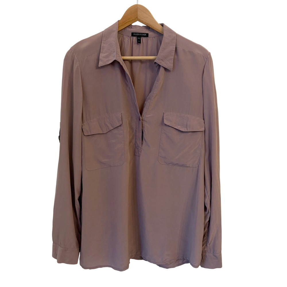 Eileen Fisher Silk Popover Blouse Shirt M Roll Tab Utility Purple Minimalist Top